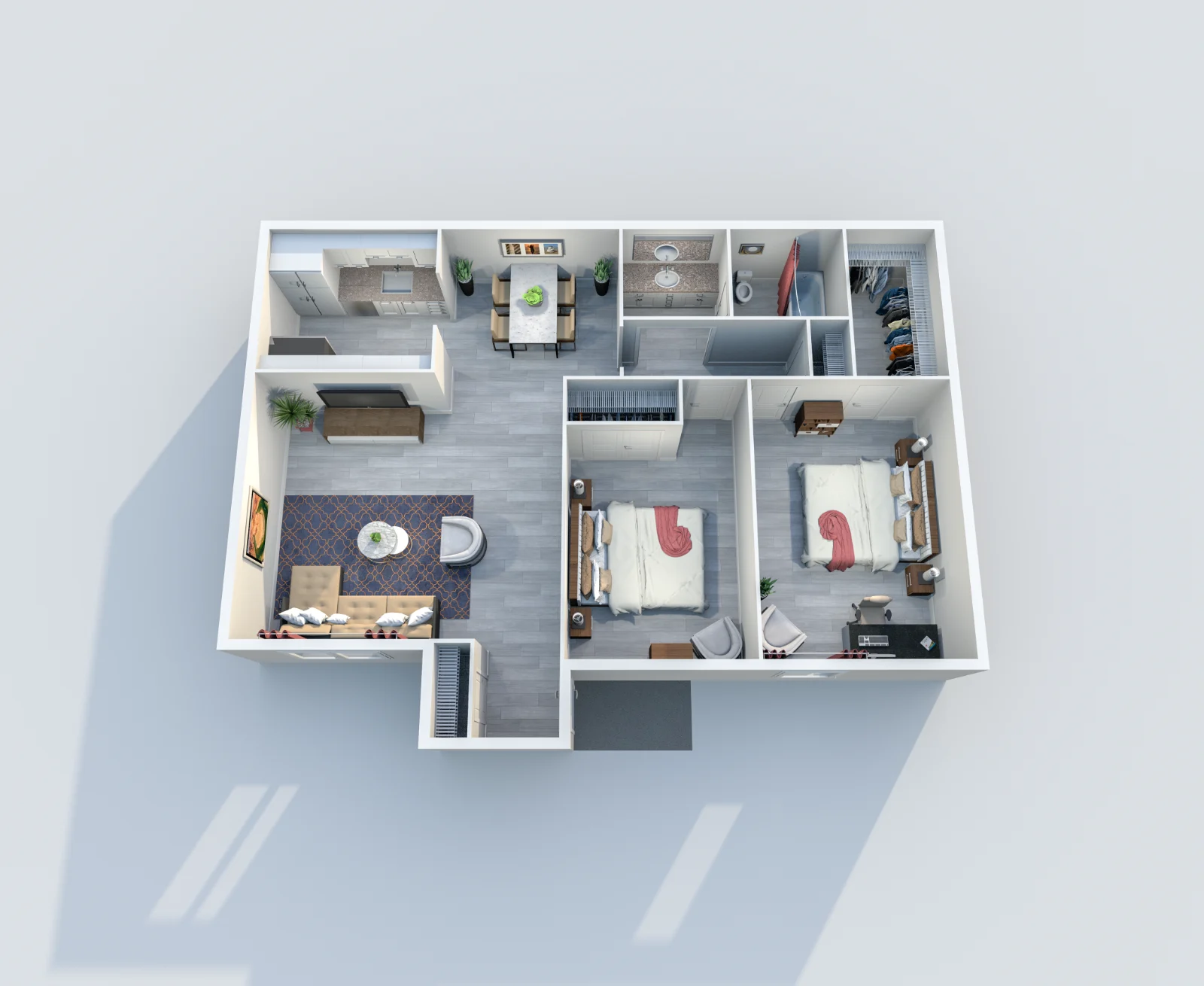 Lakeside Forest — floor plan, Plan D · 2 bed · 1 bath · 967 sq ft